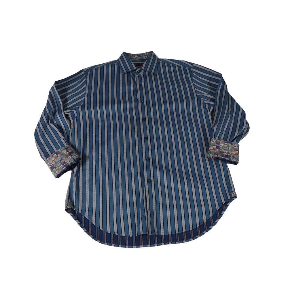 Robert Graham Geometric Post Cards Striped Flip Cuff Button Up Shirt Men's XL